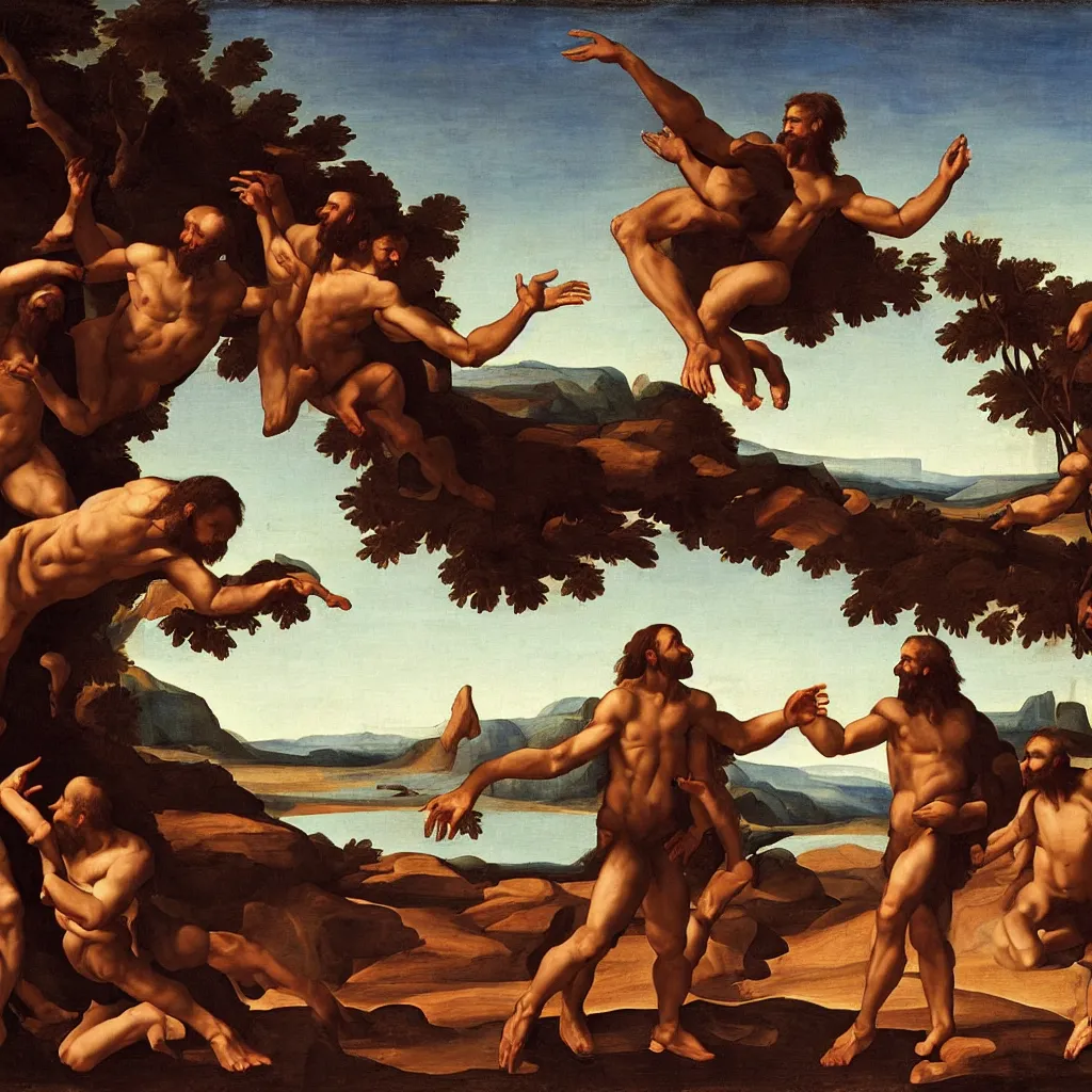 Prompt: the creation of adam with neanderthals