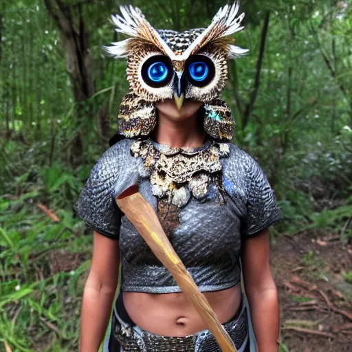 Prompt: photo of a female warrior wearing metal bejewelled owl armour