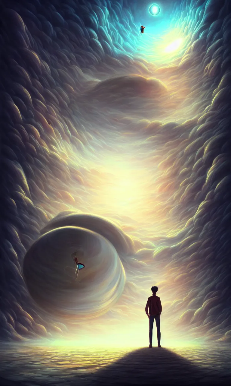 Image similar to a person standing in front of a large circular object, an album cover by cyril rolando, deviantart, magic realism, photoillustration, apocalypse art, matte drawing