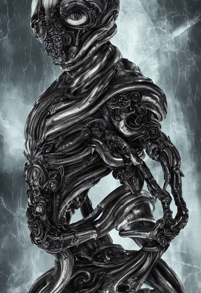 Image similar to engineer prometheus, xenomorph alien, highly detailed, symmetrical long head, smooth marble surfaces, detailed ink illustration, raiden metal gear, cinematic smooth stone, deep aesthetic, concept art, post process, 4k, carved marble texture and silk cloth, latex skin, highly ornate intricate details, prometheus, evil, moody lighting, hr geiger, hayao miyazaki, indsutrial Steampunk