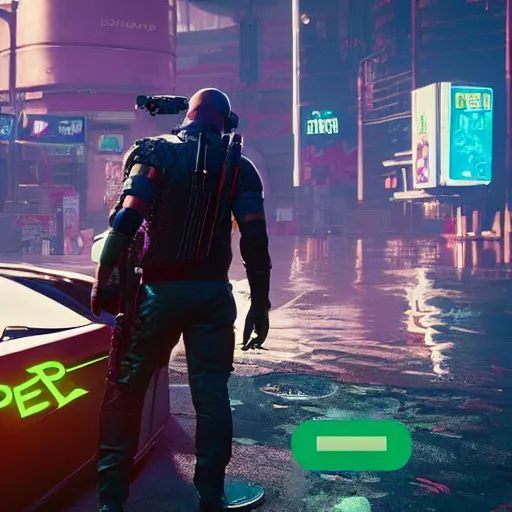 Image similar to pepe frog makes appearance in Cyberpunk 2077. CP2077. 3840 x 2160