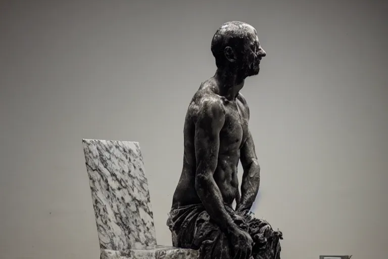 Image similar to a sculpture of a person sitting on top of a chair, a marble sculpture by nicola samori, behance, neo - expressionism, marble sculpture, apocalypse art, made of mist