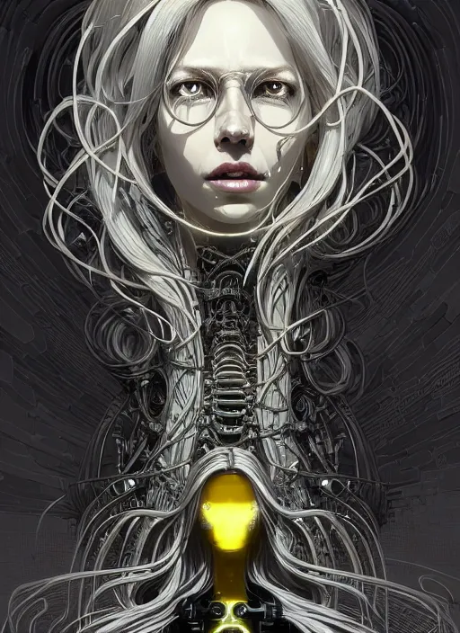 Image similar to highly detailed portrait of a biomechanical long curly white hair tribal lady, stray wiring by atey ghailan, james gilleard, by joe fenton, by greg rutkowski, by greg tocchini, by kaethe butcher, 4 k resolution, gradient yellow, black and white color scheme!!! ( ( dystopian robotic pyramid tomb background ) )