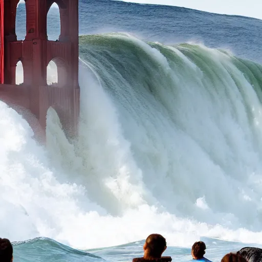 Image similar to action photo of a surfer surfing a tsunami about to crush the golden gate, action photograph