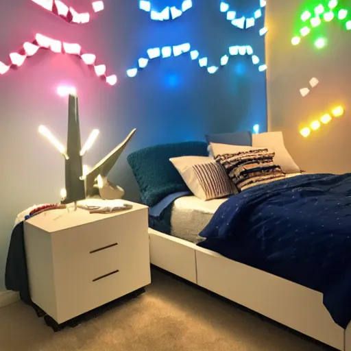 Image similar to a day trader named jay putting up nanoleaf lights in his bedroom