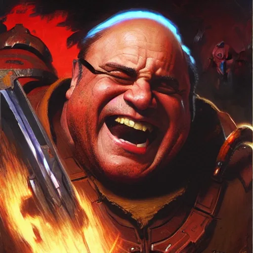 Image similar to Danny DeVito Doom Slayer, by gaston bussiere, craig mullins, Simon Bisley