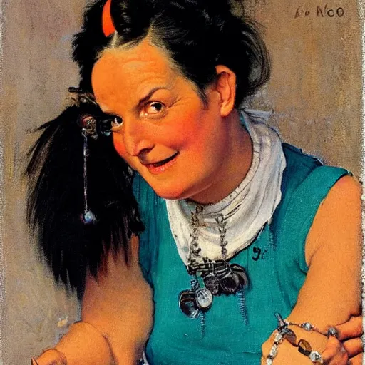 Prompt: Front portrait of an amused woman with black hair and ice blue eyes, wearing a spiked necklace and an orange tank top. A painting by Norman Rockwell.