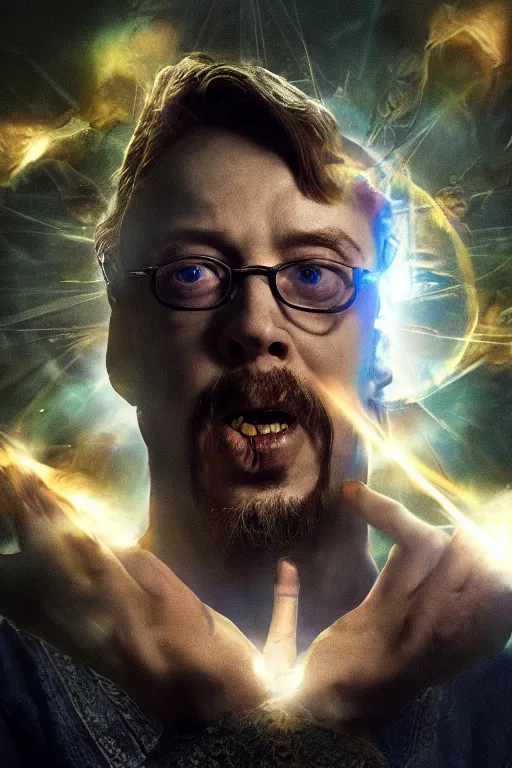 Prompt: A still of Sam Hyde in Dr. Strange Multiverse of Madness, close-up, sigma male, rule of thirds, award winning photo, unreal engine, studio lighting, highly detailed features, raining, ethereal lighting