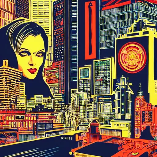 Image similar to Illustrated by Shepard Fairey and H.R. Geiger | Retro futuristic cyberpunk city