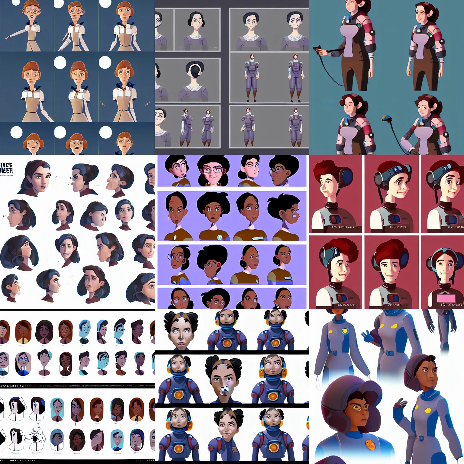 Image similar to a character expression sheet for a quirky female space engineer character in the style of an animated feature film concept art, detailed, beautiful digital painting, expressive, well drawn, expert, characterful, unique, emotive, emotional