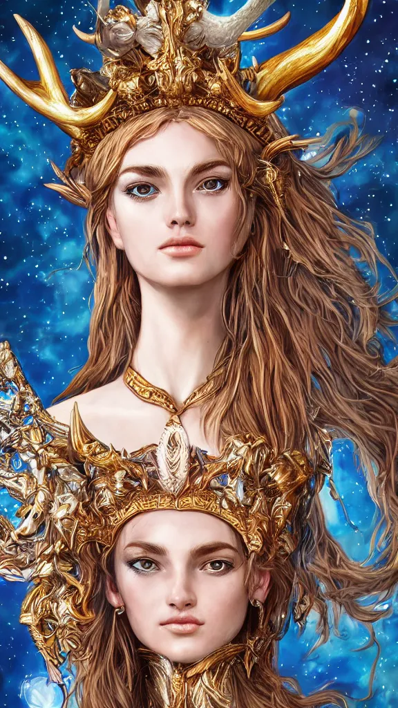 Prompt: highly detailed close up portrait of Artemis, goddess of the hunt and the moon, wearing an antler crown, studio lightning, bright colors, intricate, masterpiece, photorealistic, hiperrealistic, sharp focus, high contrast, Artstation HQ, DeviantArt trending, 4k UHD, Unreal Engine 5