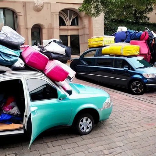 Image similar to a car totally overloaded with hundreds of suitcases and stuff