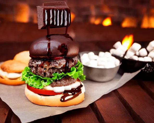 Image similar to dslr food photograph of burger with marshmallows in it, chocolate sauce, 8 5 mm f 1. 4