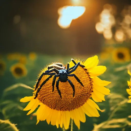 Image similar to spider sitting on a sunflower, cow in the background, depth of field, ultra realistic, cinema, sunset, photo