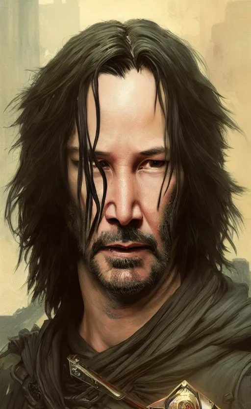 Image similar to keanu reeves as a rogue, d & d, fantasy, highly detailed, digital painting, artstation, concept art, matte, sharp focus, illustration, art by greg rutkowski and alphonse mucha