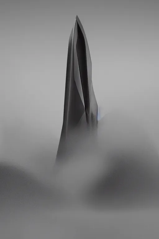 Prompt: concept art render of a single distant massive beautiful neo - futuristic matte symmetrical elongated oval monolith emerging from fog at dusk by ilm and denis villeneuve, emmanuel shiu, zaha hadid, trailing white vapor, architectural scale, dark background, simplified beautiful form, hyperrealism, matte painting, volumetric, trending on artstation, cgsociety, rendered in octane