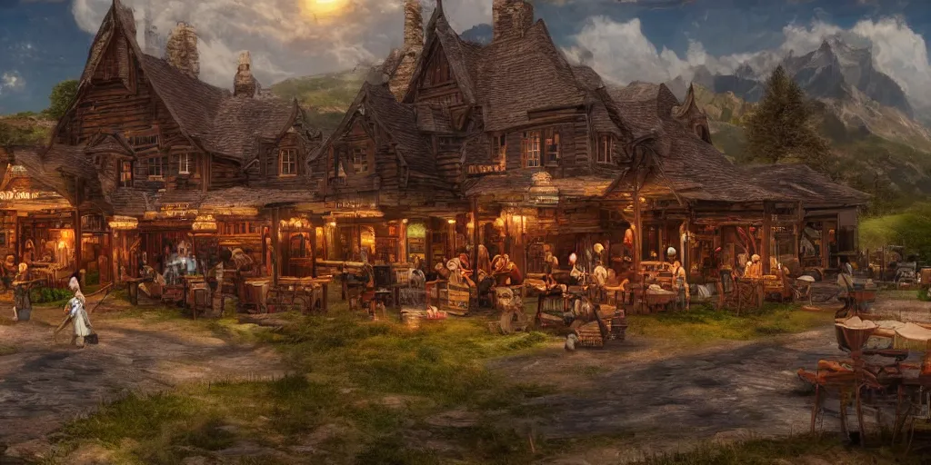 Image similar to howl\'s moving taverns, exterior lanscape shot, tilt-shifted, high quality art, 4k