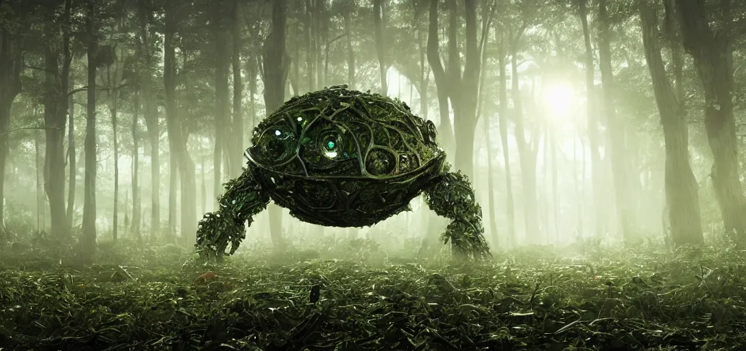 Prompt: a complex organic fractal 3 d metallic symbiotic ceramic humanoid megastructure creature in a swampy lush forest, glowing eyes, foggy, sun rays, cinematic shot, photo still from movie by denis villeneuve, wayne barlowe