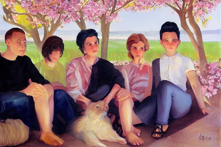 Prompt: beautiful painting of friends, beautiful faces, sitting on the edge, cute, soft light, digital painting by diane arbus and ralph mcquarrie and colin campbell cooper