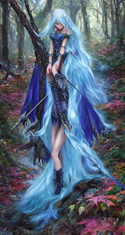 Image similar to Gothic elf princess in blue dragon armor on a misterious forest by Konstantin Razumov