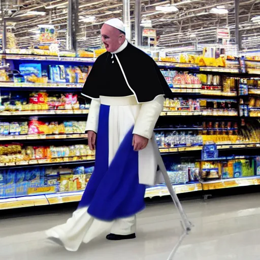 Prompt: French maid with Pope Francis's face walking through Walmart