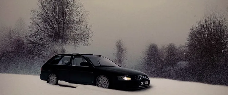 Image similar to Audi A4 B6 Avant (2002), a gritty neo-noir, dramatic lighting, cinematic, eerie person silhouette, death, homicide, homicide in the snow, gunshots, establishing shot, extremely high detail, photorealistic, cinematic lighting, artstation, by simon stalenhag, Max Payne (PC) (2001) winter new york at night, Max Payne 2 graphic novel style, flashing lights, Poets of the Fall - Late Goodbye