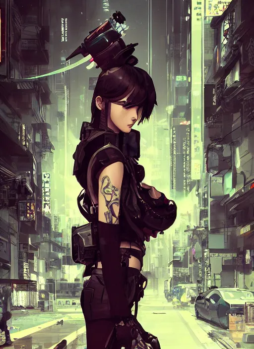 Image similar to hyper - realistic cyberpunk anime woman, standing on tokyo street, extreme detail, concept art, in style of yoji shinkawa, pan ren wei, col price, atey ghailan, by greg rutkowski, by greg tocchini, by james gilleard, by joe fenton, by kaethe butcher, aesthetic