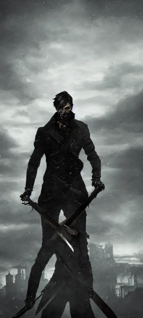 Prompt: portrait of corvo attano standing menacingly in a fight pose on iron pile, holding a fold blade in his hand, dunwall city behind him, grey color palette, cinematic lighting, depressive atmosphere, sharp focus, dishonored wallpaper 4 k, backlit, dishonored 1 wallpaper, hard focus, full body shot, cinematic