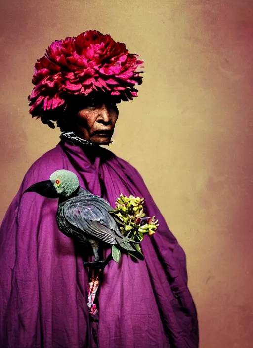 Prompt: many peonies, flower buds, birds on hight detailed background, portrait of a old woman with red gloss helmet on face, tuareg, nomads, vultures, dark background, purple colour scheme, full length, masterpiece, dark background, art by giger, cinestill, moviestill, bokeh, artstation