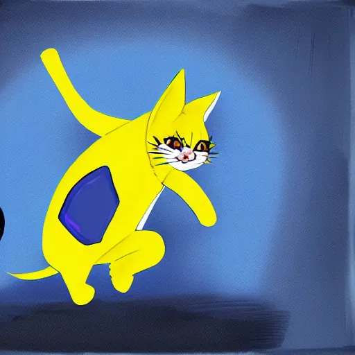 Prompt: a blueberry being chased by a cat wearing a yellow hazmat suit, digital art, anime style