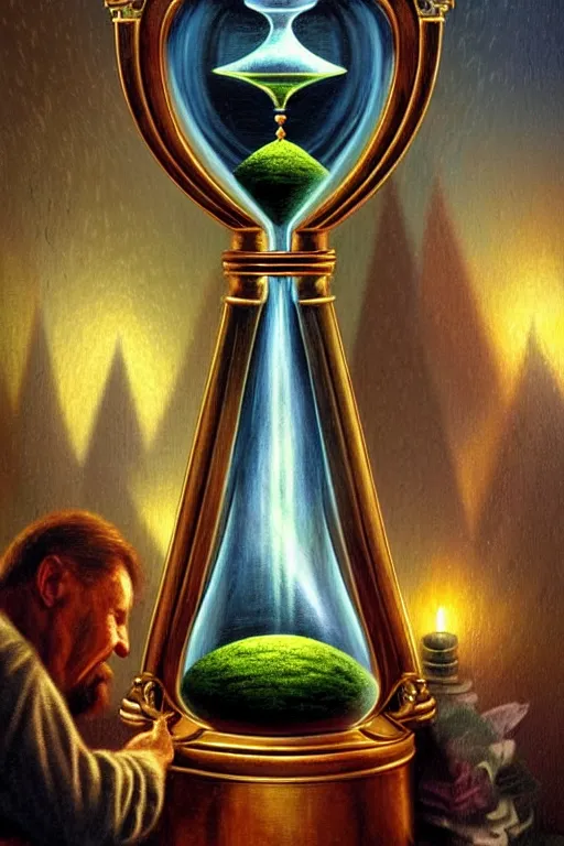 Prompt: a photorealistic detailed cinematic image of a man on his deathbed, assisted to the afterlife. ornate hourglass met by friends and family, overjoyed, emotional, compelling, by pinterest, david a. hardy, kinkade, lisa frank, wpa, public works mural, socialist