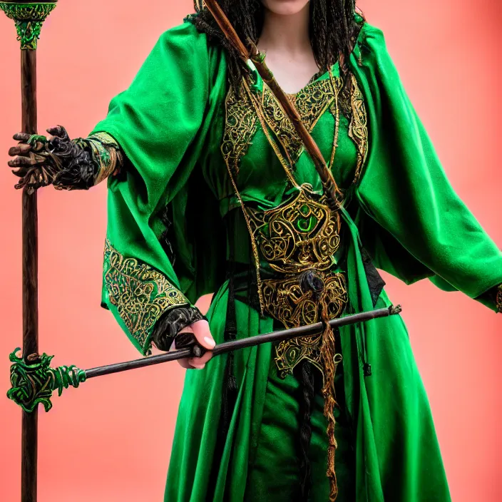 Image similar to photograph of a real-life beautiful earth witch with ornate green robes and staff. Extremely detailed. 8k