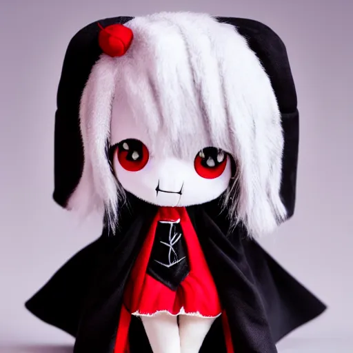 Image similar to cute fumo plush of a vampire girl, lord of the manor, black and white, red cape, vray