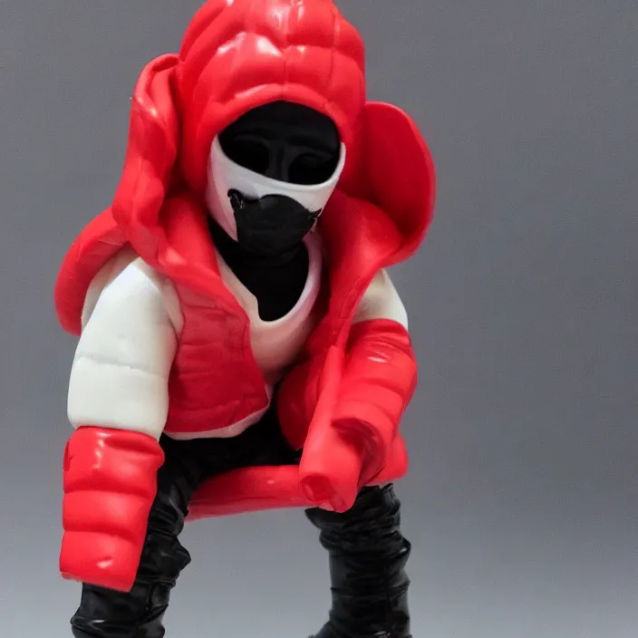 Image similar to kanye west, a goodsmile figure of kanye west using a full face covering black mask, a small, tight, undersized reflective bright red round puffer jacket made of nylon, dark jeans pants and big black balenciaga rubber boots, figurine, detailed product photo