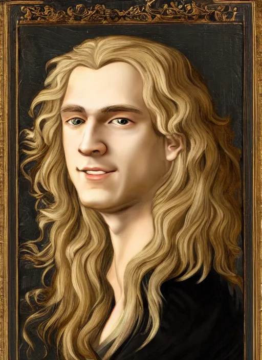 Prompt: portrait of a smiling blond handsome man with long hair in baroque art, anime inspired, High Res 8K,hyperdetailed