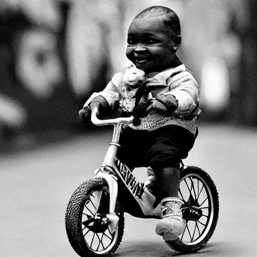 Image similar to mike tyson riding a tiny small clown bike