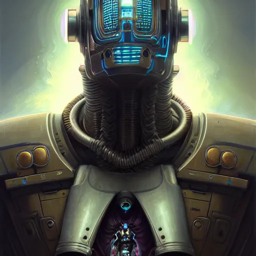 Image similar to low angle shot of a cyberpunk gazmask robot character, intricate, elegant, highly detailed, centered, digital painting, artstation, concept art, smooth, sharp focus, illustration, artgerm, Tomasz Alen Kopera, Peter Mohrbacher, donato giancola, Joseph Christian Leyendecker, WLOP, Boris Vallejo