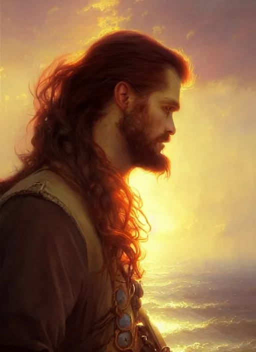 Image similar to portrait painting of a handsome rugged long hair crimson hair male pirate, soft hair steampunk ornate zeppelin in the sky sunset golden hour art by greg rutkowski gaston bussiere fantasy soft hair trending on artstation deviantart book cover art concept art key art dramatic volumetric lighting, 4 k, award winning