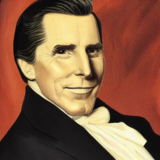 Image similar to a presidential painting of a president with no head, and only an orange sphere above his neck, played by christian bale