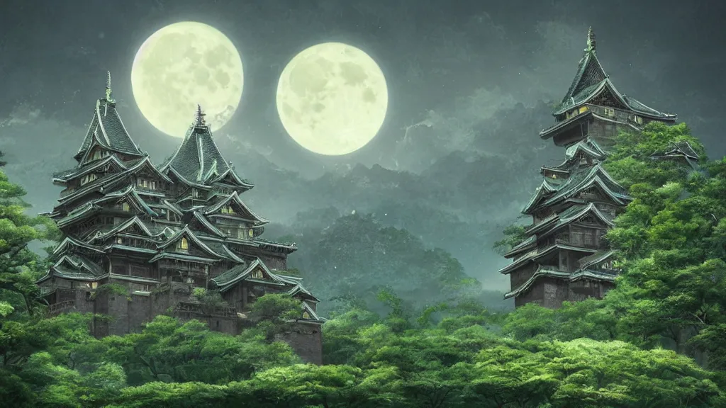 Prompt: beautiful green japanese castle in front of mountainous background with just a few trees, dark sky full moon, whimsical surrealism, 8 k, subsurface scattering, intricate geometry, fantastical setting, otherwordly, by greg rutkowski