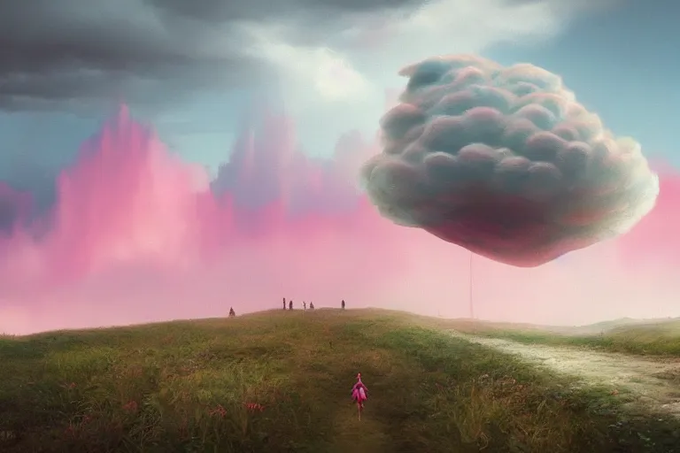 Image similar to giant dahlia flower head, girl walking on mountain, surreal photography, pink storm clouds, dramatic light, impressionist painting, digital painting, artstation, simon stalenhag