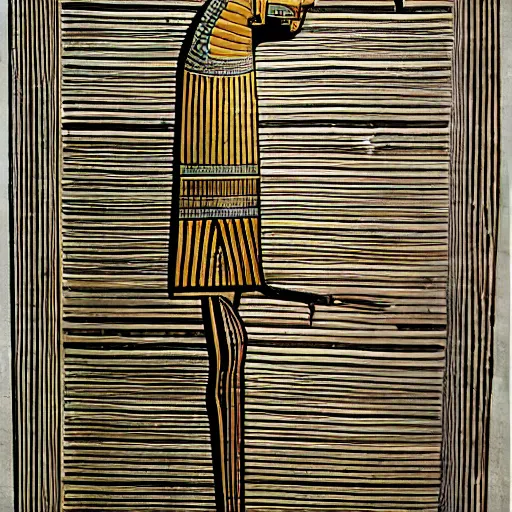 Image similar to ancient egyptian papyrus by herbert list, by stanisław szukalski dismal. the sculpture is a beautiful example of abstract art. the sculpture is composed of a series of geometric shapes in different colors. the shapes are arranged in a way that creates a sense of movement & energy. the sculpture is visually stunning & is sure to provoke thought & conversation.