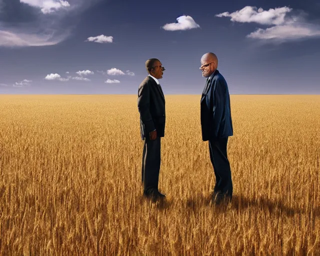 Image similar to extreme long shot of walter white and gustavo fring stand facing each other from a distance in a wheat field, low angle, side view, 3 5 mm photograph, 8 k resolution, wide shot, sharp lens