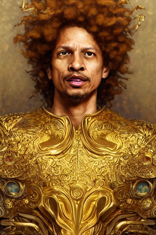 Image similar to eric andre in gold armor, gold hair, gold eyes, tanned skin, fantasy, intricate, highly detailed, digital painting, artstation, concept art, smooth, sharp focus, art by Artem Demura and Alphonse Mucha, ArtGerm, Valentina Remenar, Gaston Bussiere, Cedric Peyravernay