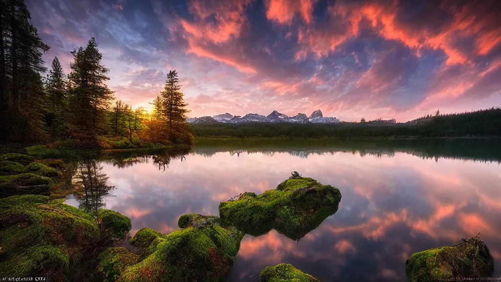 Image similar to amazing landscape photo of a forest with lake in sunset by marc adamus, beautiful dramatic lighting