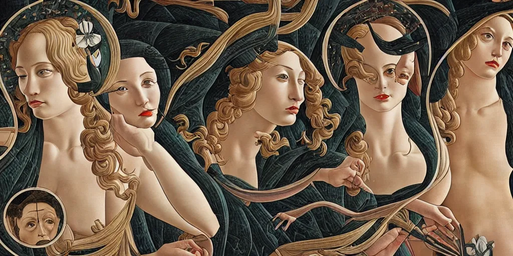 Image similar to the 12 months of the year as figures, in a mixed style of Botticelli and Æon Flux, stunningly detailed artwork