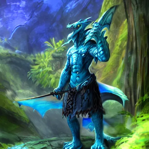 Image similar to A dragonborn with blue scales in a rainforest, trending on artstation, digital art