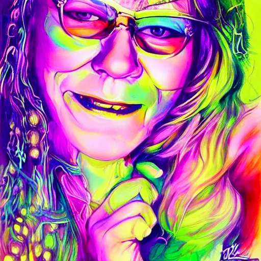 Image similar to portrait of janice joplin at age 2 7 in psychedelic colors, painted by artgerm