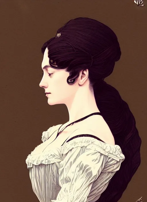 Image similar to 3 / 4 view of a portrait of woman in victorian clothing, confident pose, intricate, elegant, sharp focus, illustration, highly detailed, concept art, matte, trending on artstation, anime, art by james jean and artgerm and brian despain and alberto mielgo, ilya kuvshinov, dramatic lighting, gothic, haunted, art nouveau