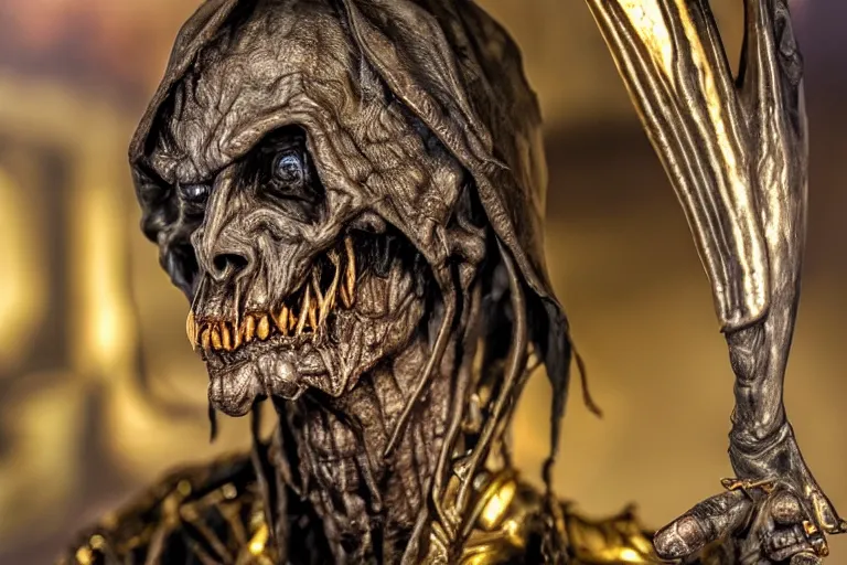 Image similar to photo taken of an epic intricate, ultra detailed, super realistic sculpture of a nightmarish hellish demonic hooded grim reaper on display in a workshop, created by weta workshop, zoomed in shots, photorealistic, sharp focus, f 0. 4, face centred, macro photography, golden ratio, golden hour